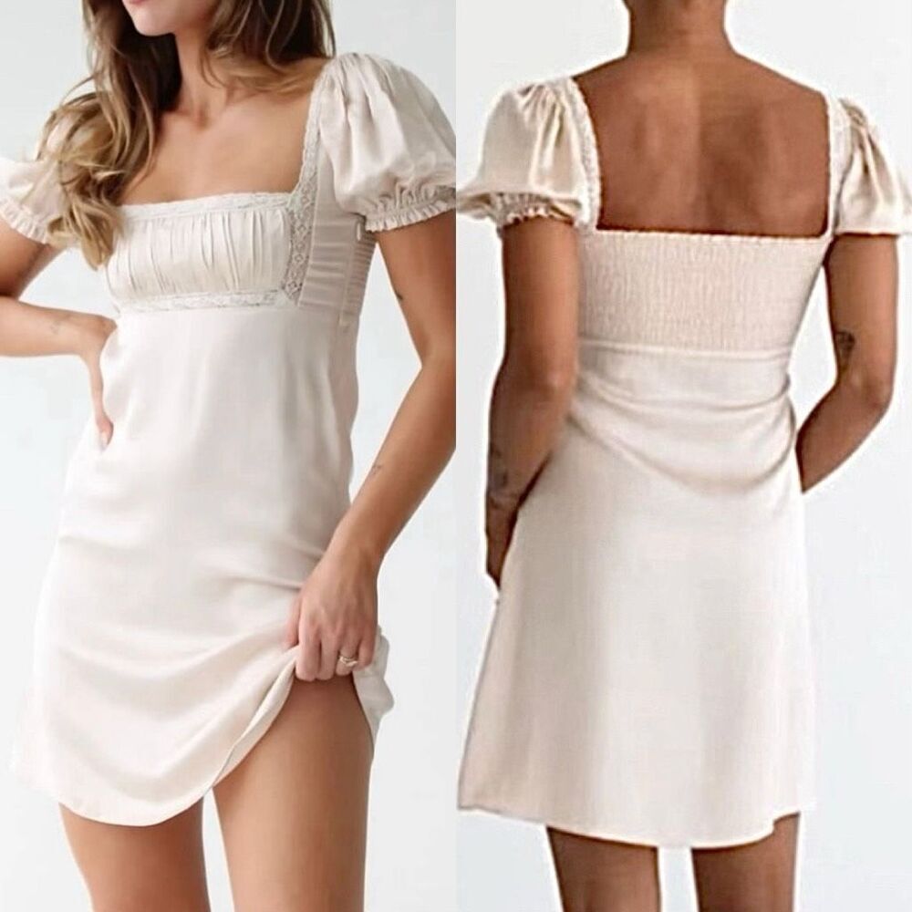 Rumored Napa Valley Mini Dress LARGE Beige Smocking NEW Feminine Coquette Lace